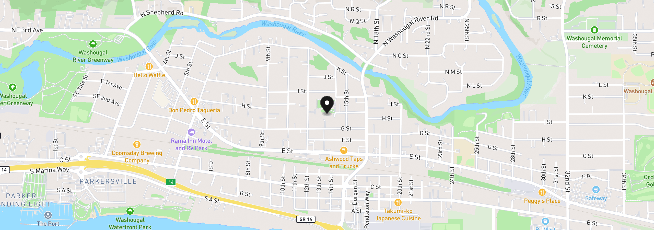 Map showing the location of 1327 G St, Washougal, Wa 98671