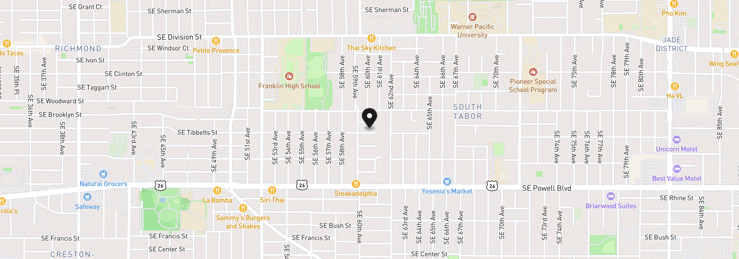 Map showing the location of 5935 SE Tibbetts St, Portland, OR 97206