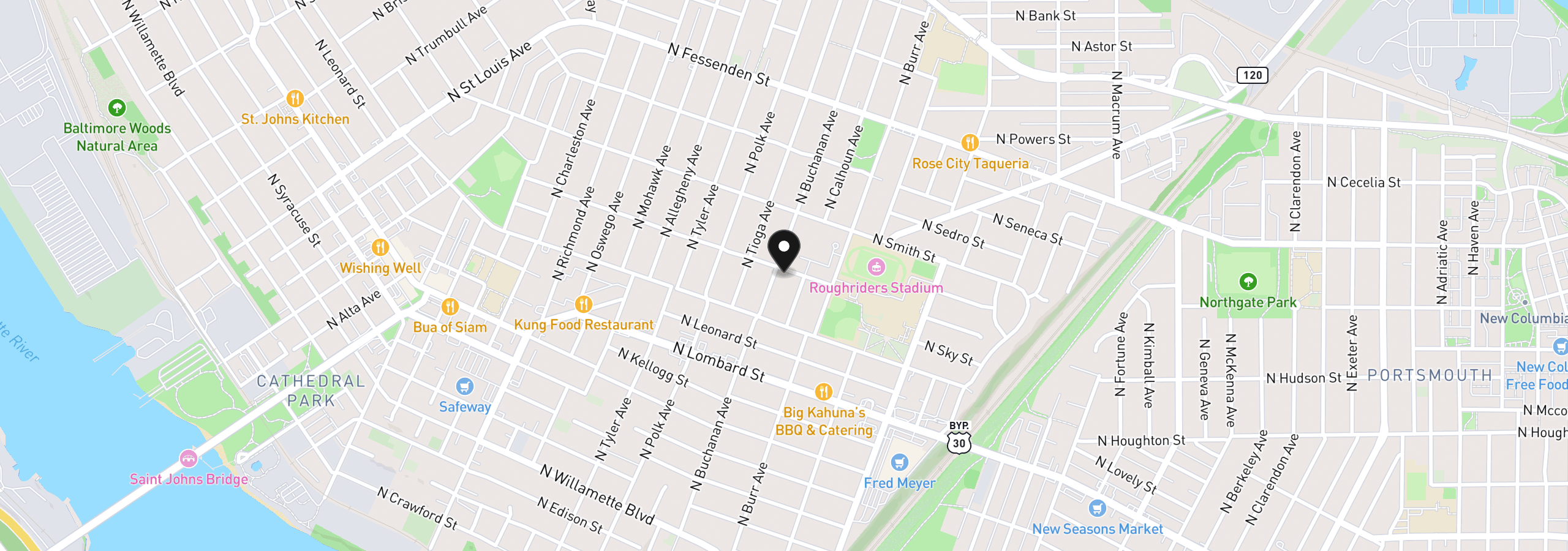 Map showing the location of 8594 N Buchanan Ave, Portland, OR 97203