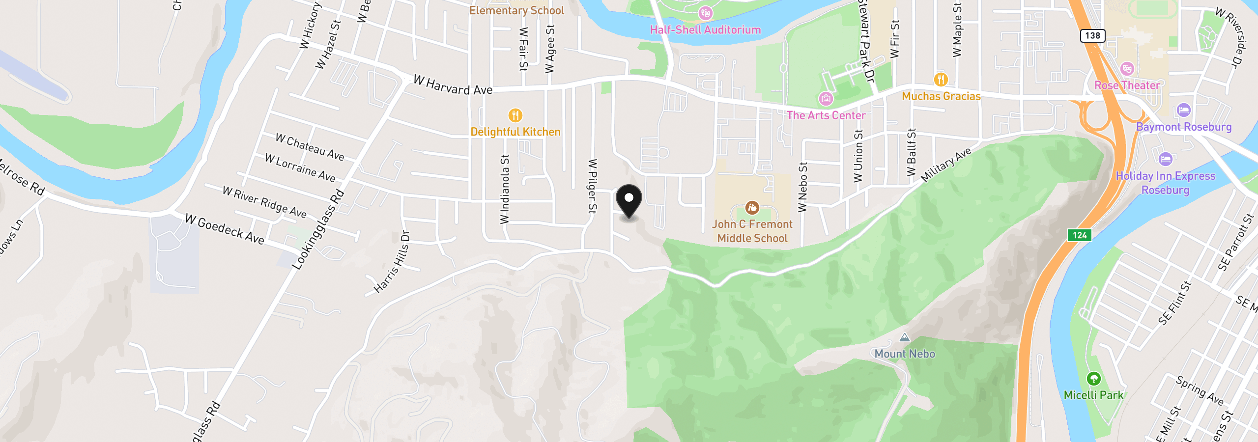 Map showing the location of 985 W Silver Ct, Roseburg, OR 97471