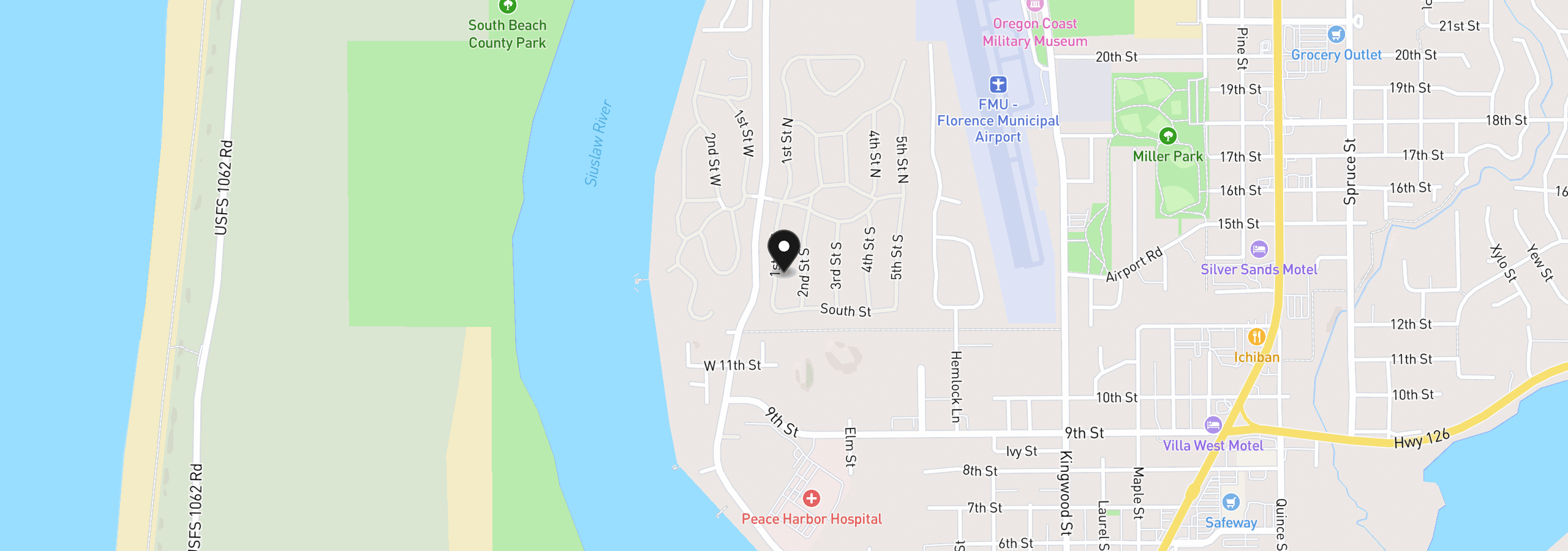 Map showing the location of 1600 Rhododendron Dr 21, Florence, OR 97439