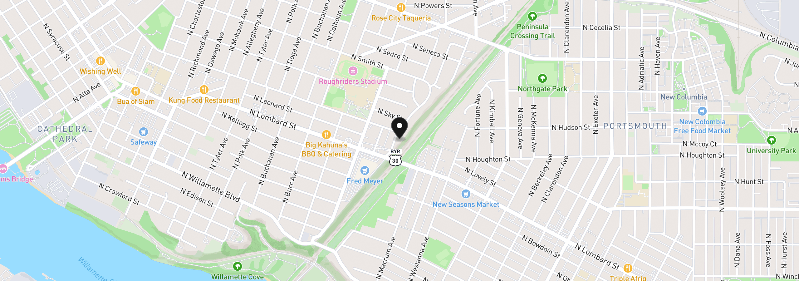 Map showing the location of 7568 N Gilbert Ave, Portland, OR 97203