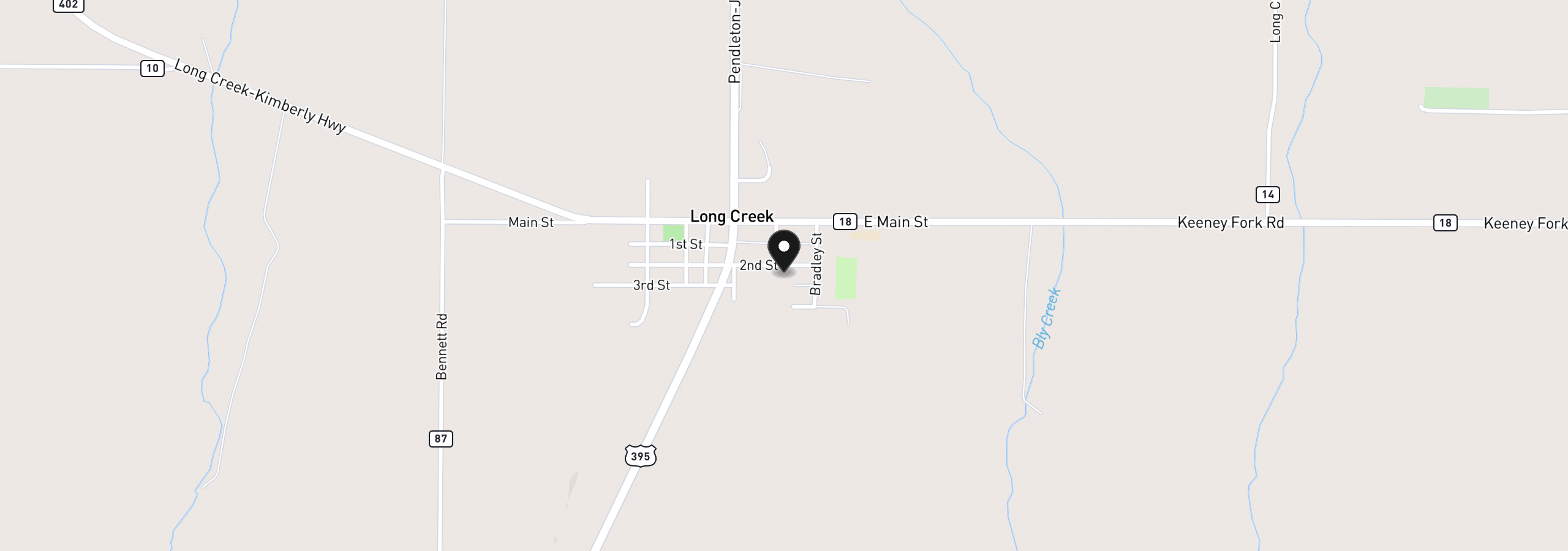 Map showing the location of 250 E 2nd St, Long Creek, OR 97856
