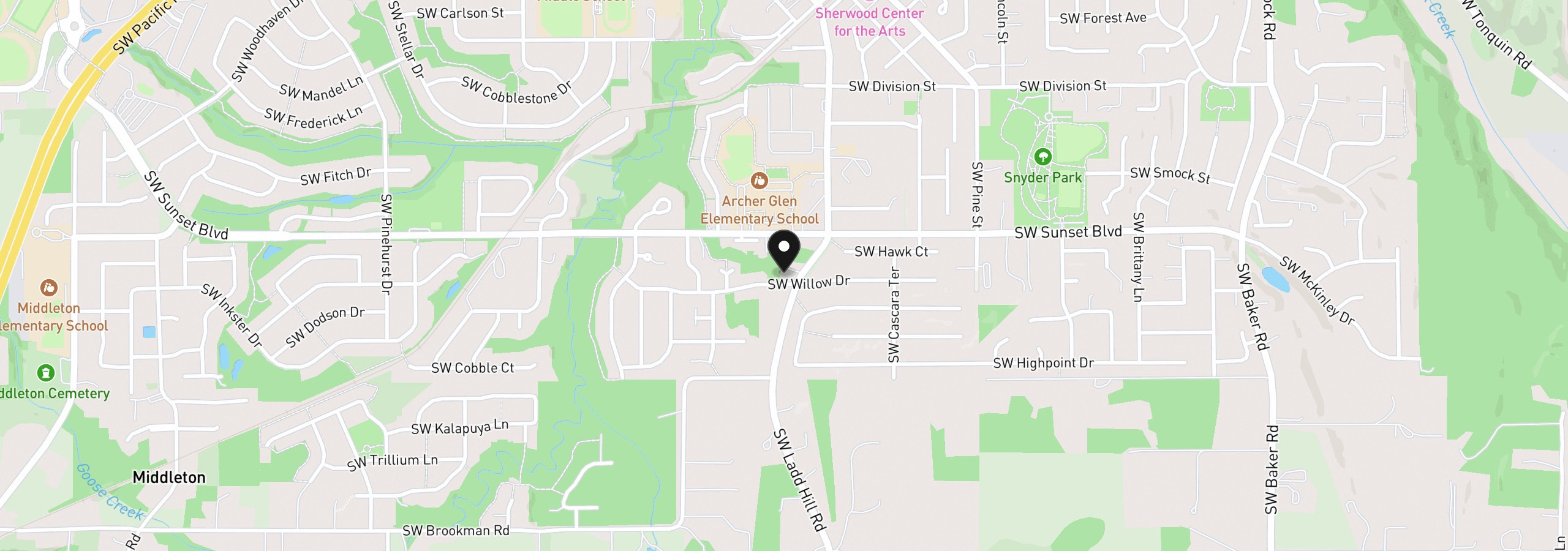 Map showing the location of 16159 SW Willow Dr, Sherwood, OR 97140