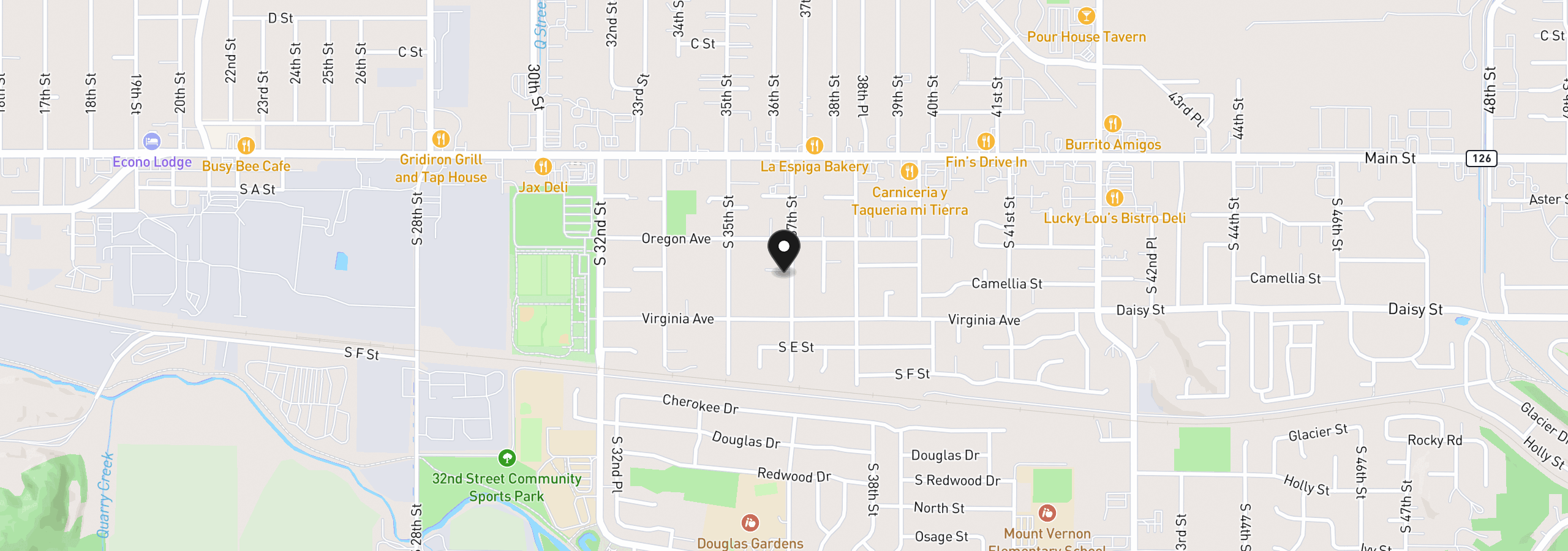 Map showing the location of 392 S 37th St, Springfield, OR 97478