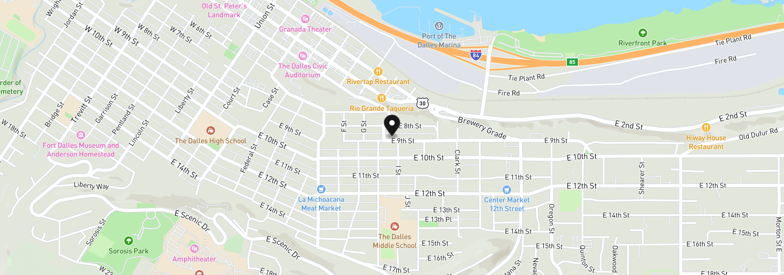 Map showing the location of 1111 E 9th St, The Dalles, OR 97058