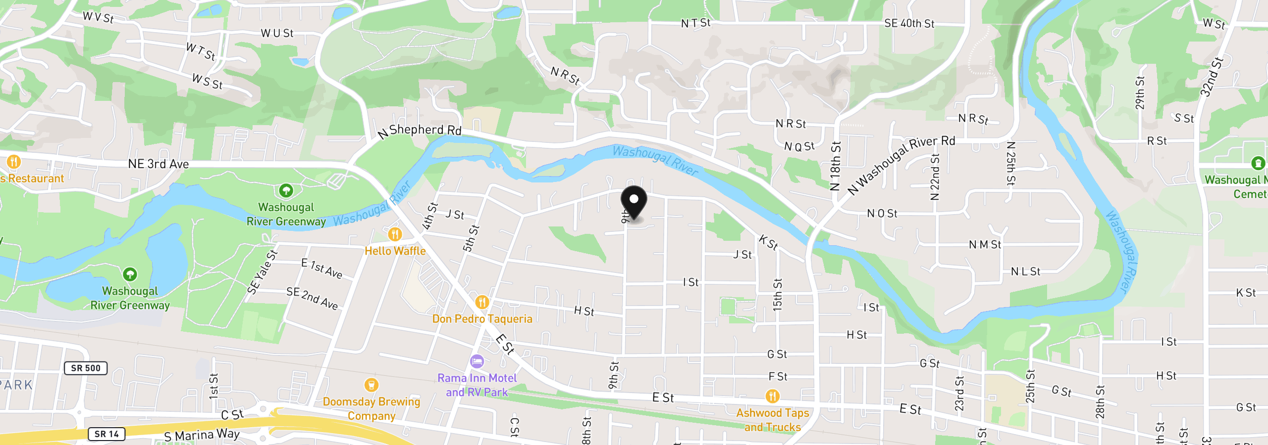 Map showing the location of 1068 9th St, Washougal, Wa 98671