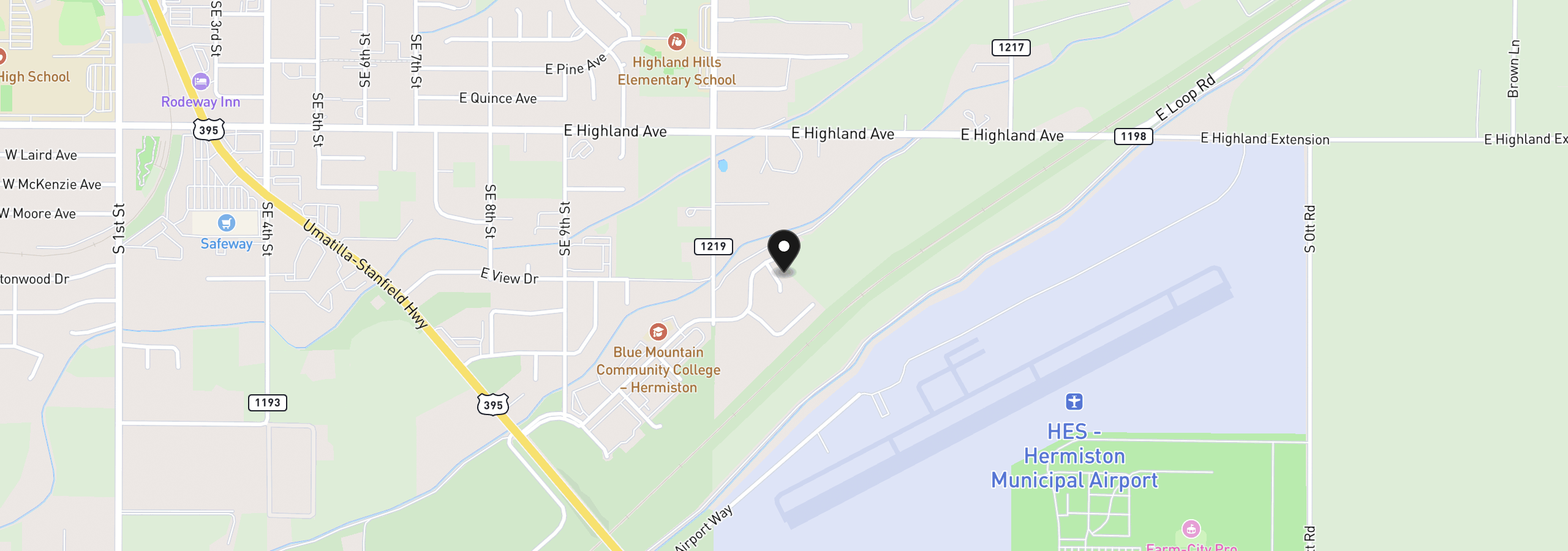 Map showing the location of 1087 SE Alexander Ct, Hermiston, OR 97838