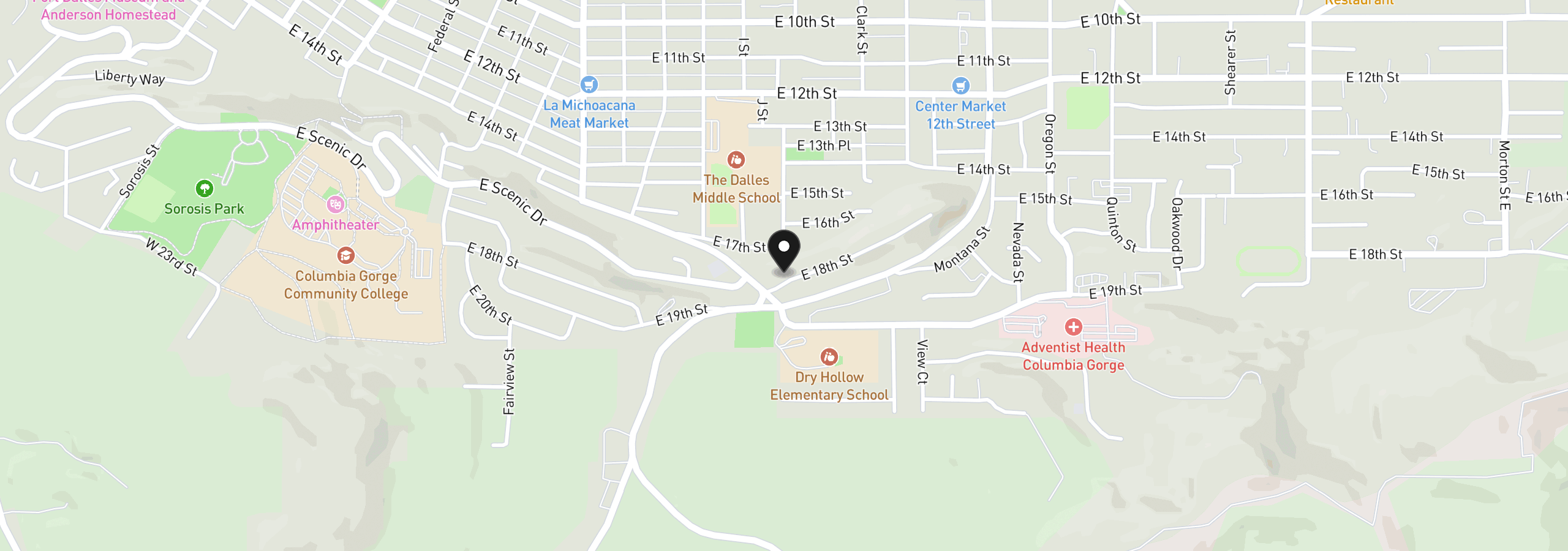 Map showing the location of 1301 E 18th St, The Dalles, OR 97058