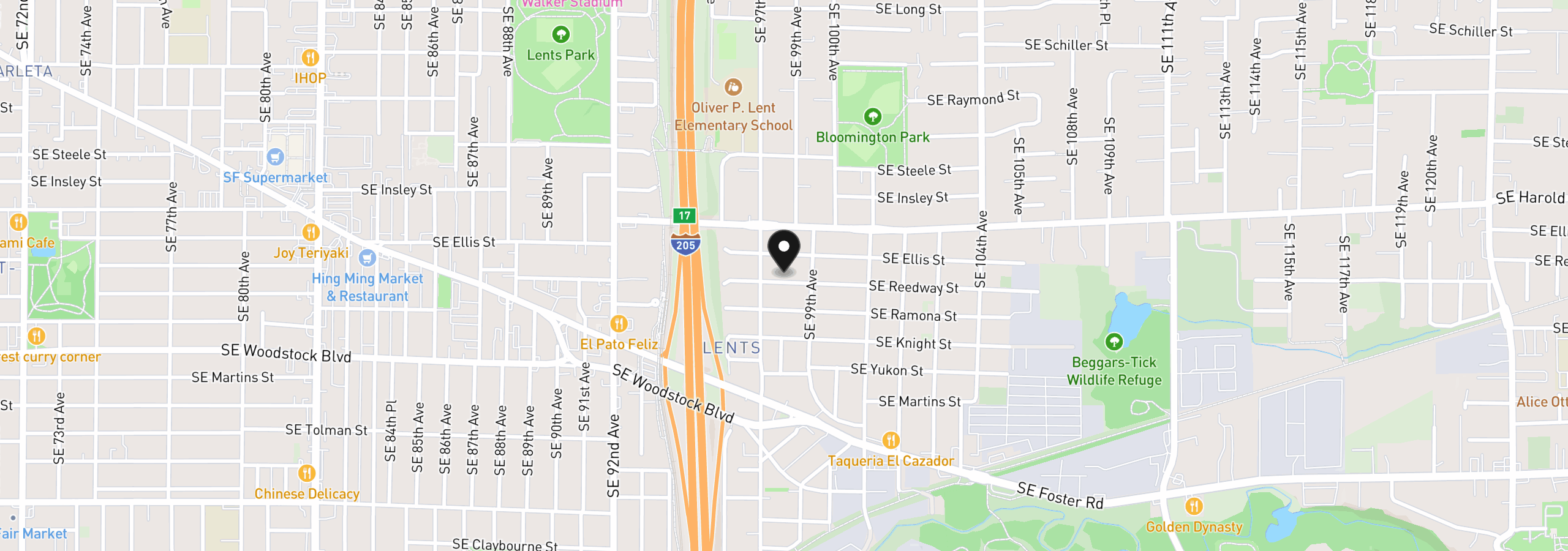 Map showing the location of 9727 SE Reedway St, Portland, OR 97266