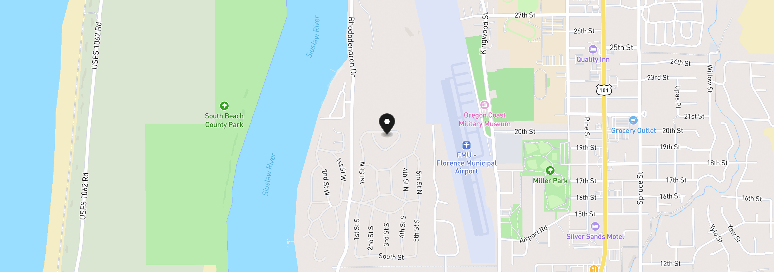 Map showing the location of 1600 Rhododendron Dr 439, Florence, OR 97439