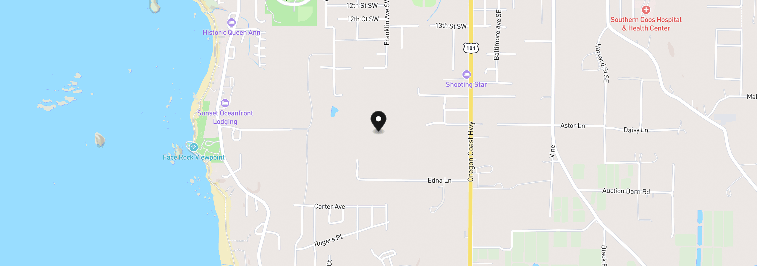 Map showing the location of 21st SW at Franklin Ave, Bandon, OR 97411