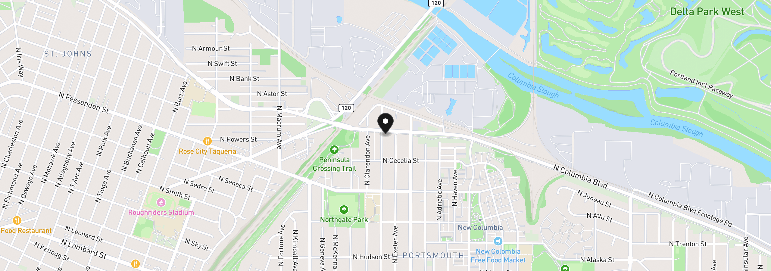 Map showing the location of 9832 N Van Houten Ave, Portland, OR 97203