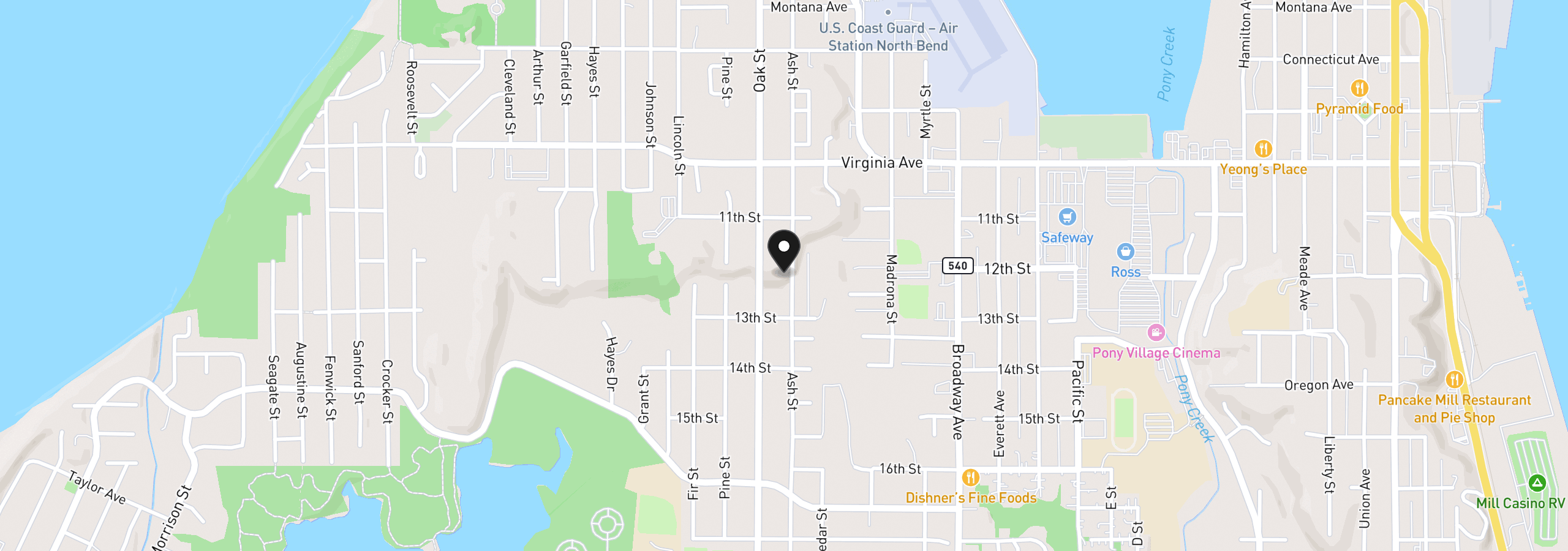 Map showing the location of 00 Ash St, North Bend, OR 97459