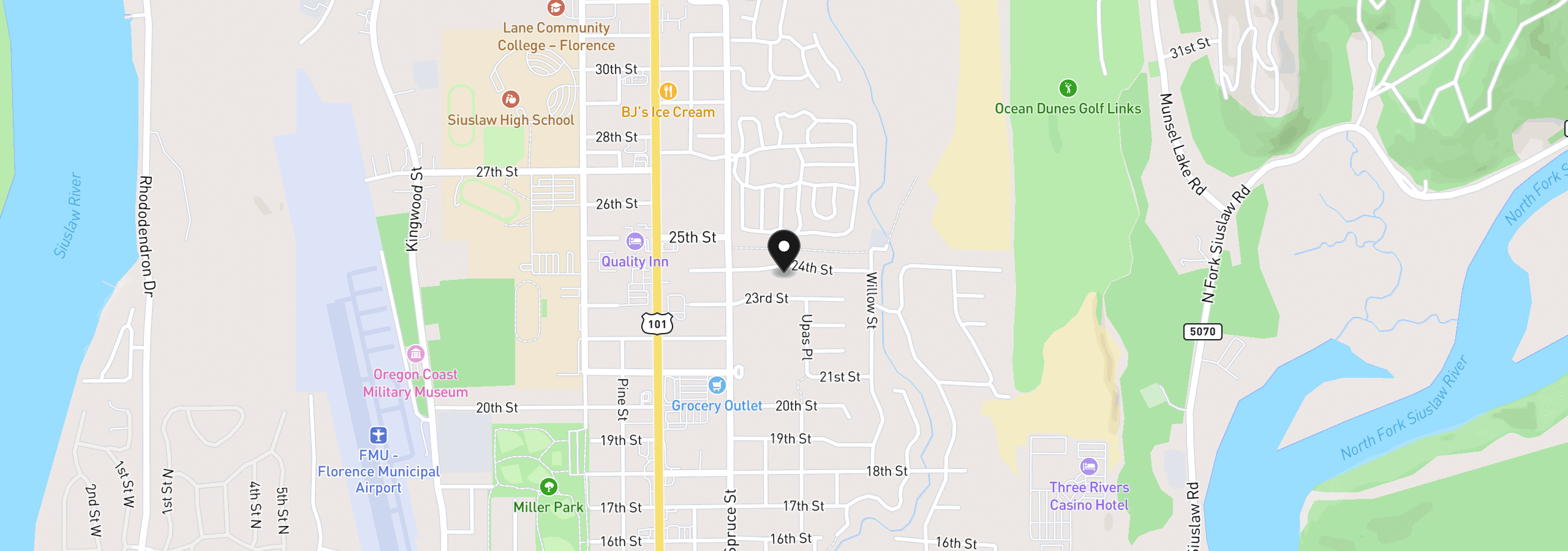 Map showing the location of 2164 24th St, Florence, OR 97439