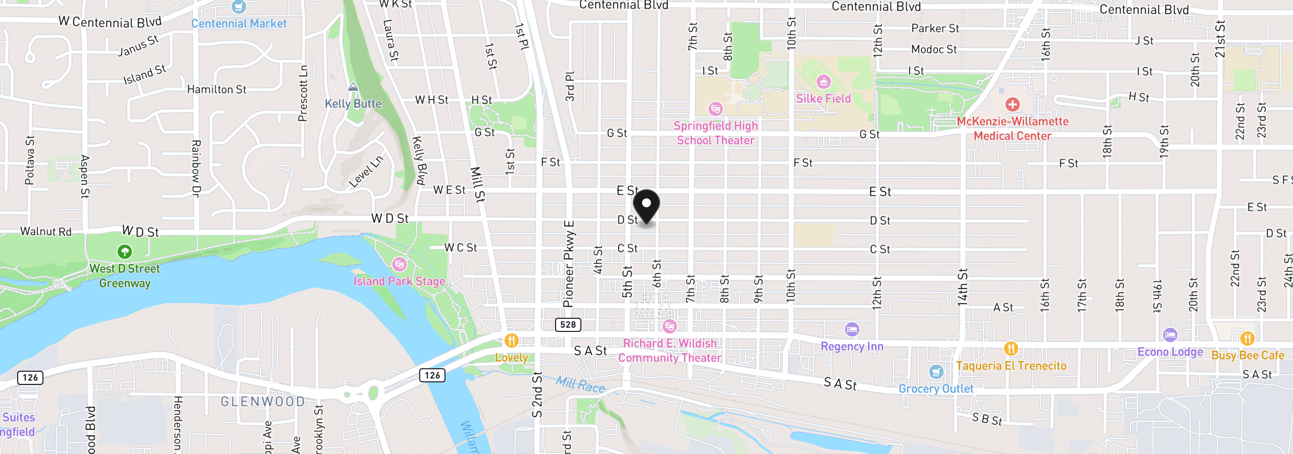 Map showing the location of 533 D St, Springfield, OR 97477