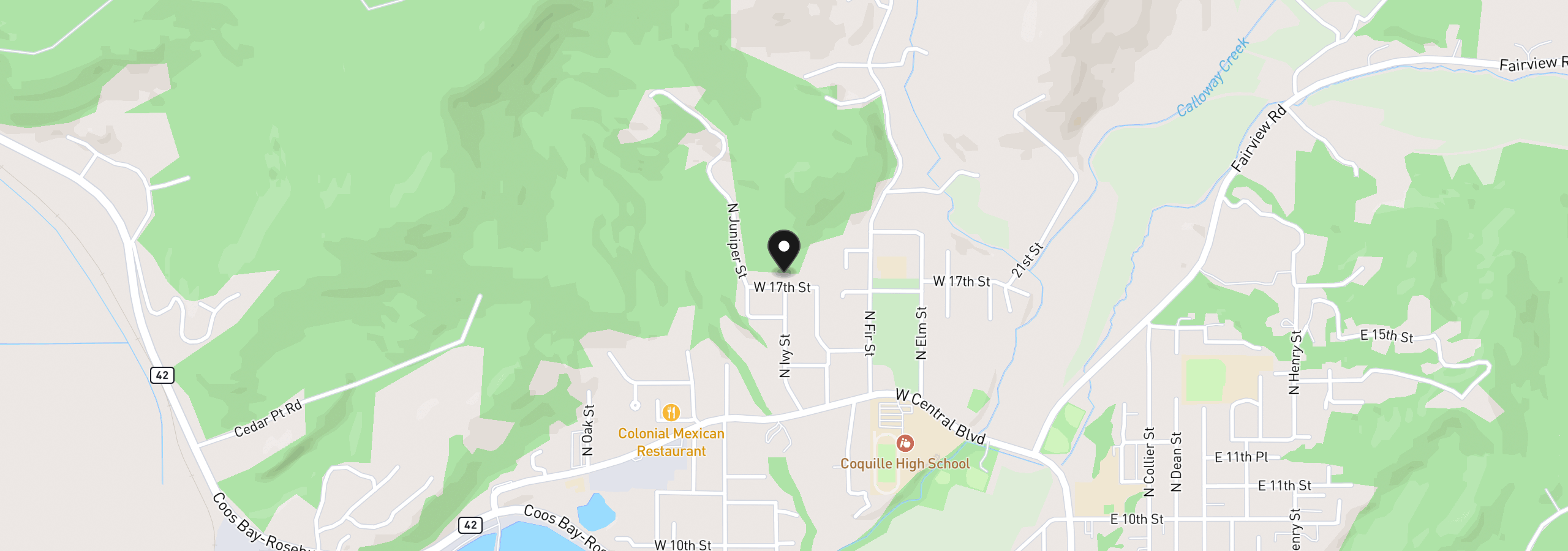 Map showing the location of 900 W 17th St, Coquille, OR 97423