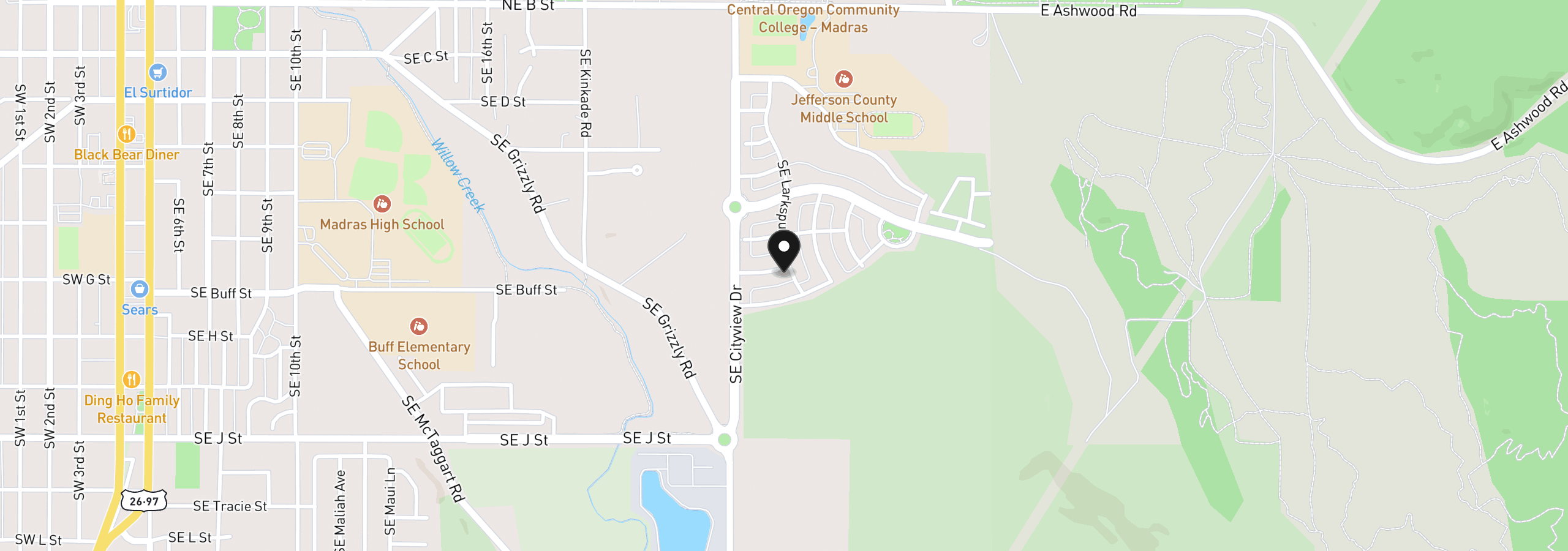 Map showing the location of 1086 SE Fescue Ln, Madras, OR 97741