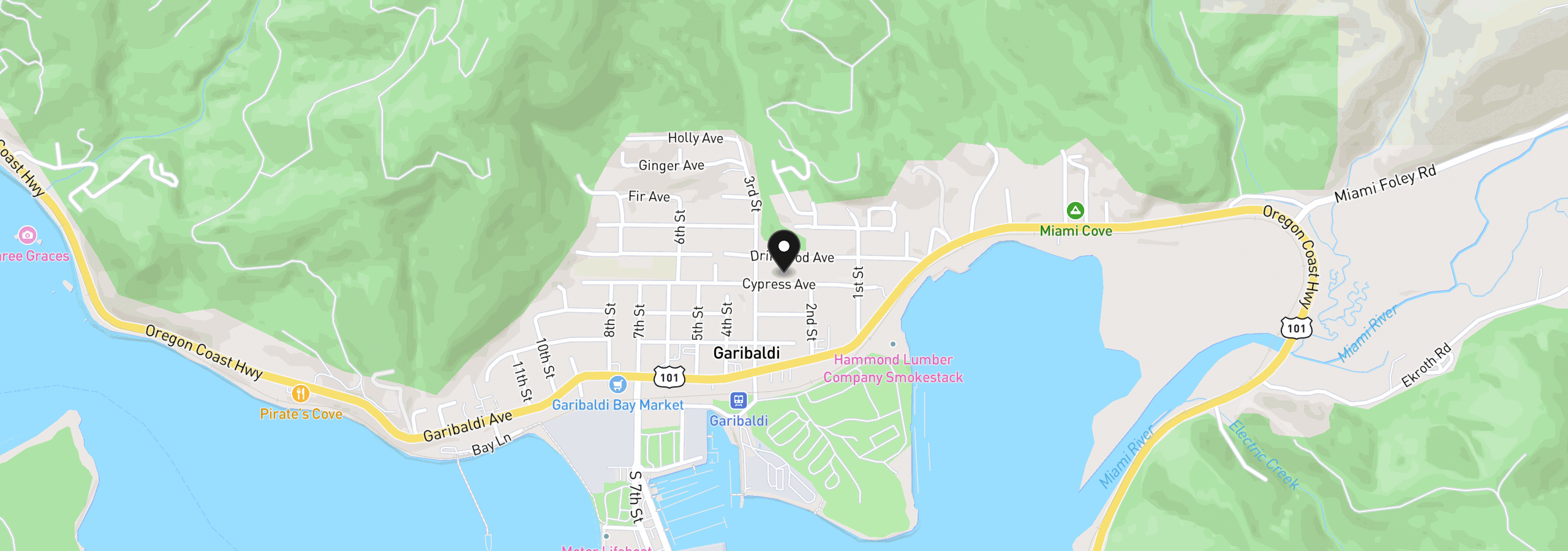 Map showing the location of 210 Cypress Ave, Garibaldi, OR 97118