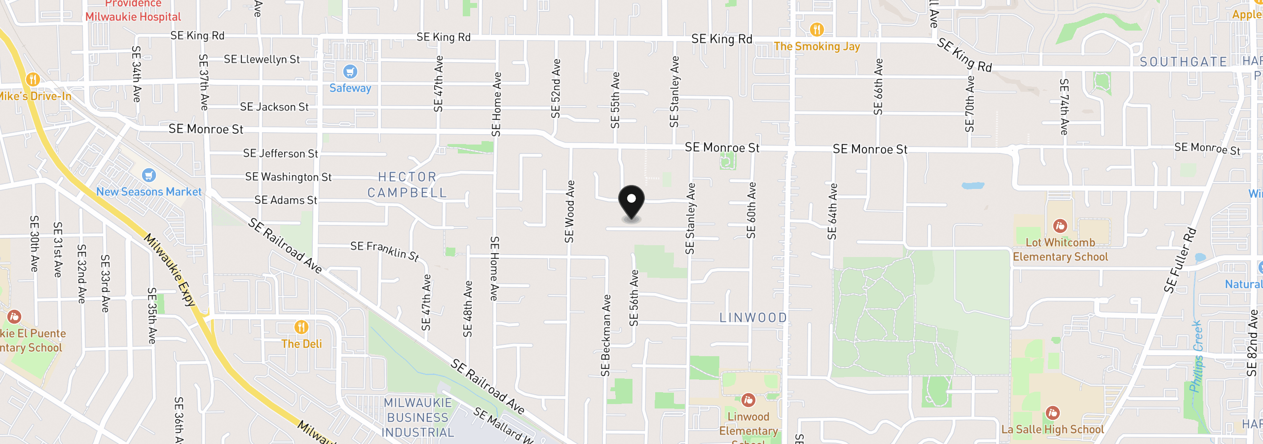 Map showing the location of 5527 SE Harlene St, Milwaukie, OR 97222