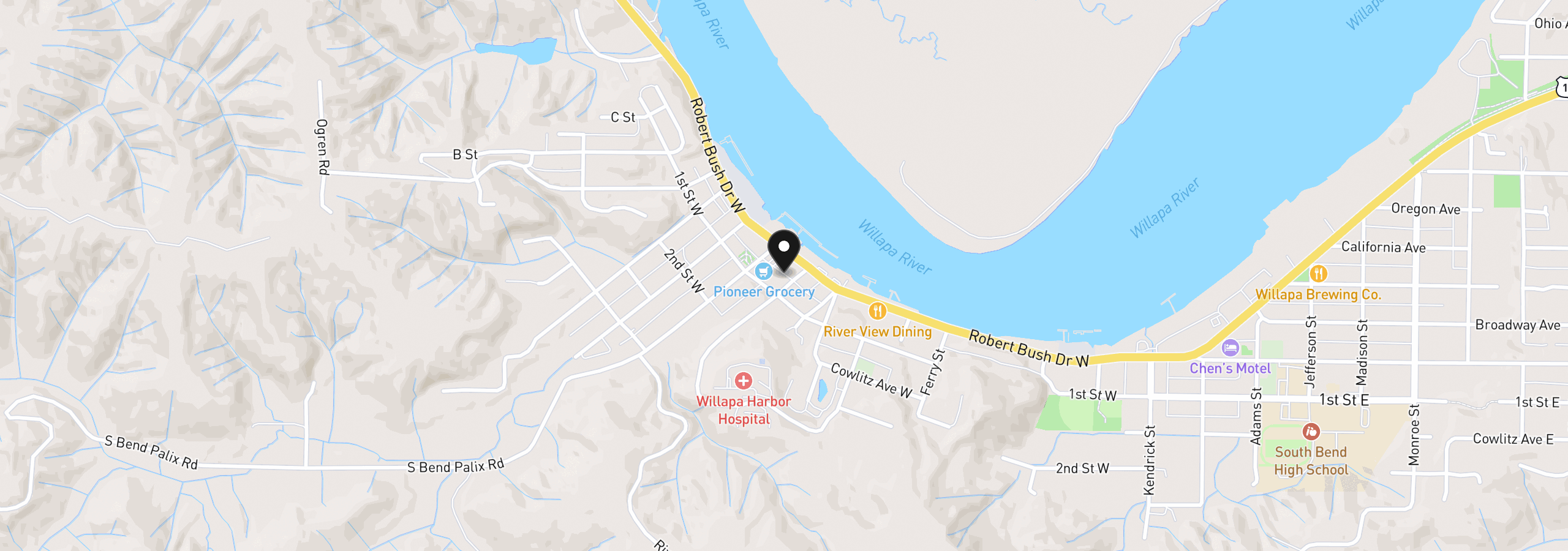 Map showing the location of 1503 1st St, South Bend, Wa 98586