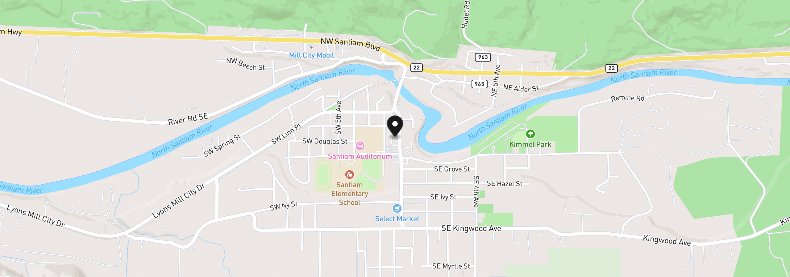 Map showing the location of 329 S 1st Ave, Mill City, OR 97360
