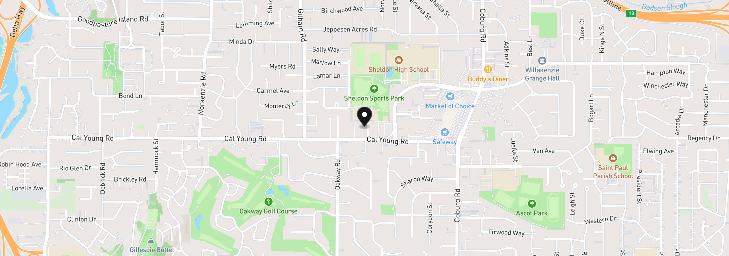 Map showing the location of 1470 Queens Way, Eugene, OR 97401