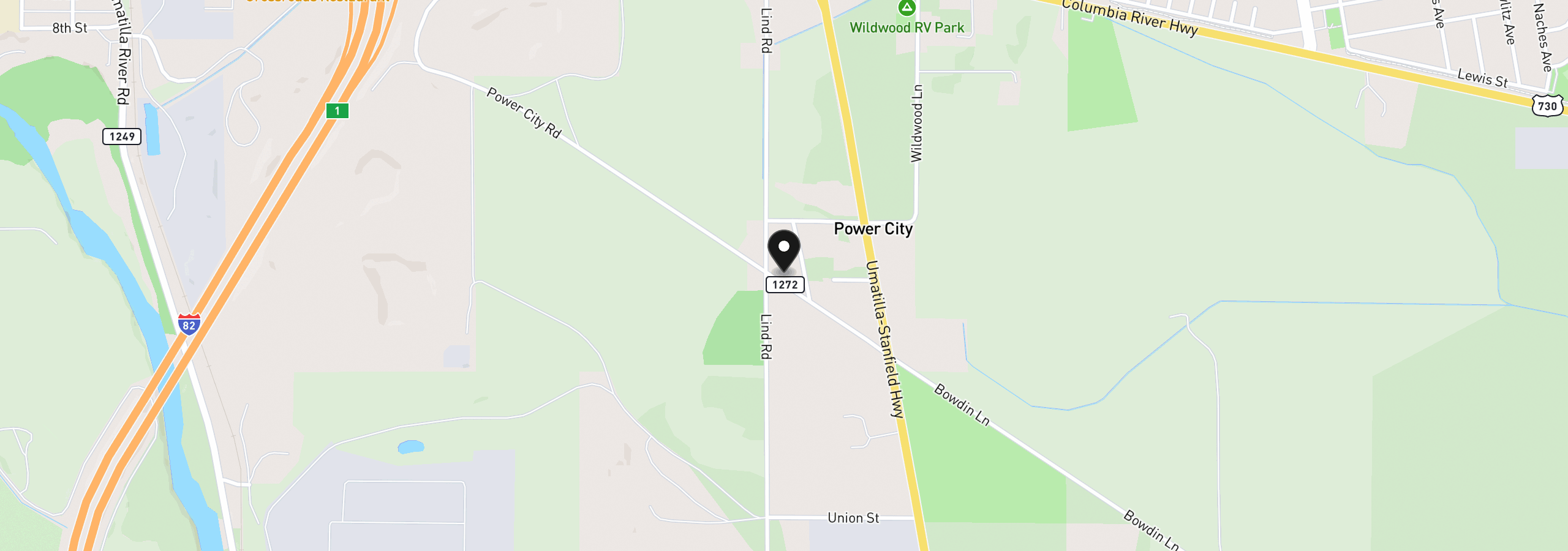 Map showing the location of Power City Rd, Umatilla, OR 97882