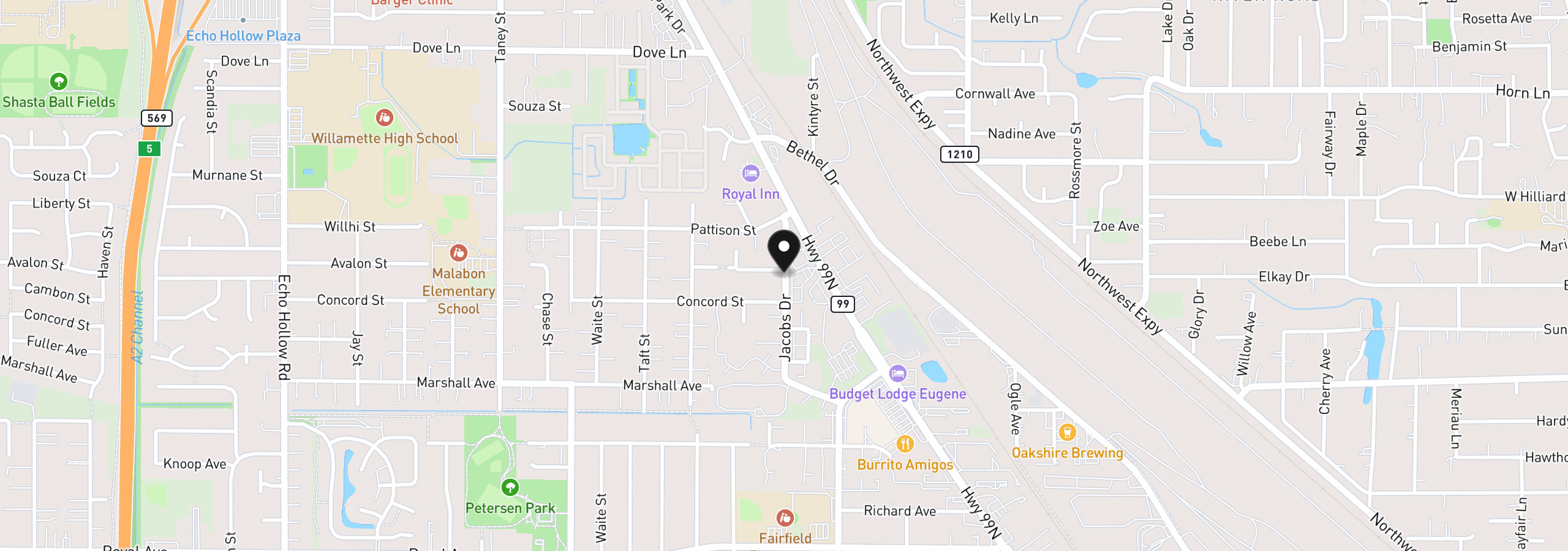 Map showing the location of 1388 Jacobs Dr, Eugene, OR 97402