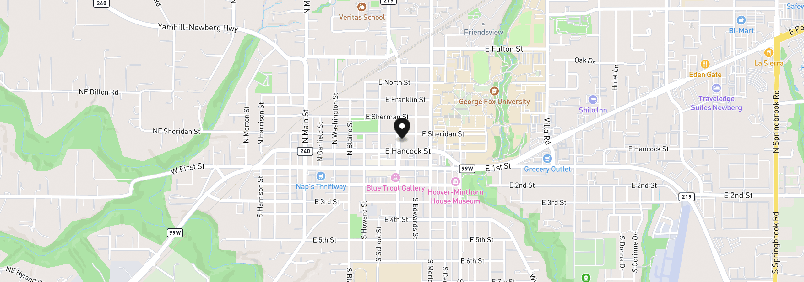 Map showing the location of 208 N College St, Newberg, OR 97132