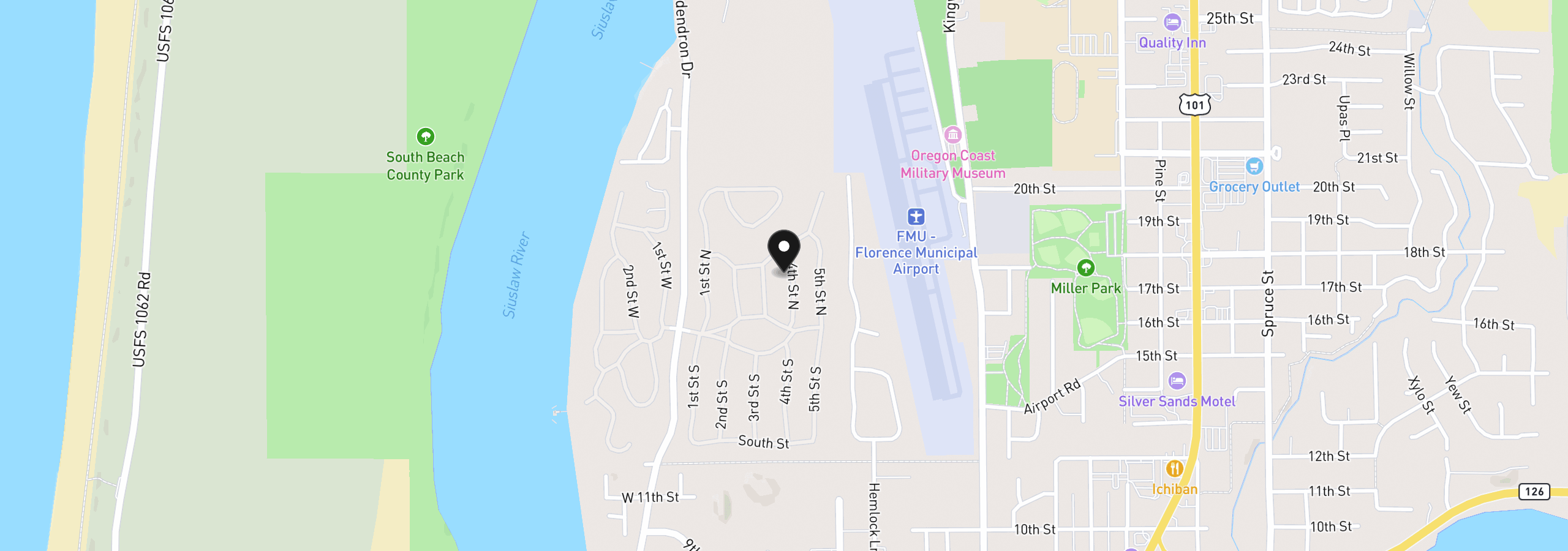 Map showing the location of 1600 Rhododendron Dr 243, Florence, OR 97439