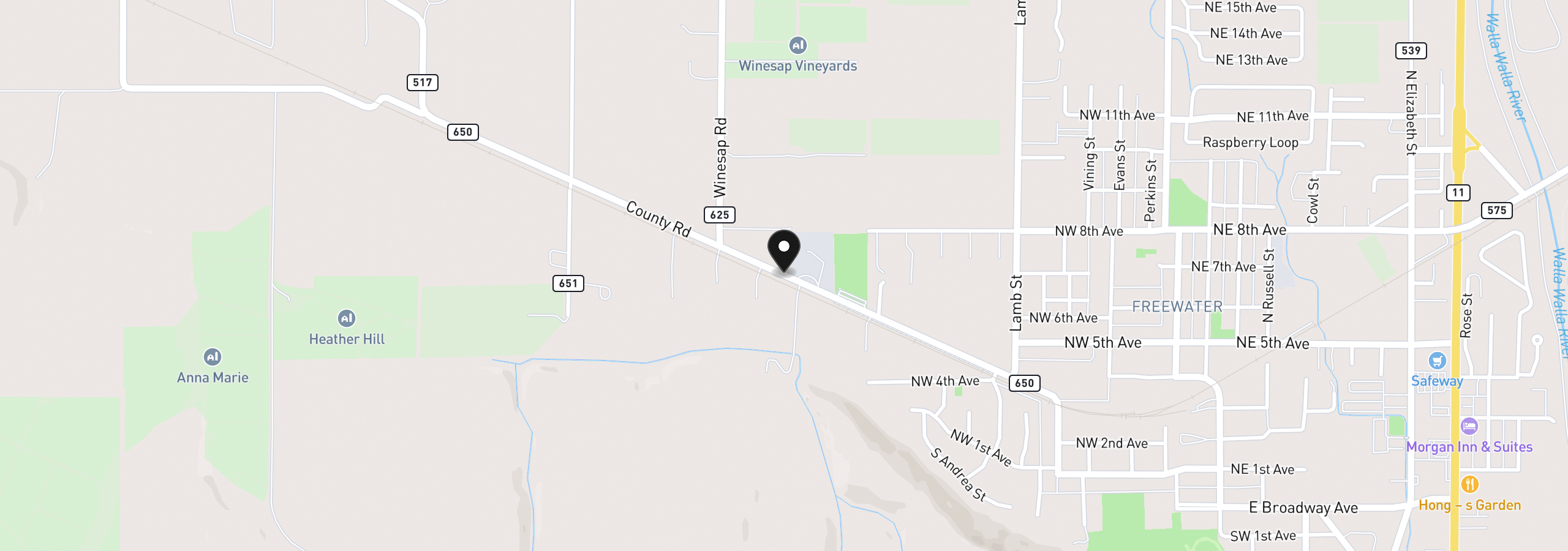 Map showing the location of 633 County Rd, Milton-Freewater, OR 97862