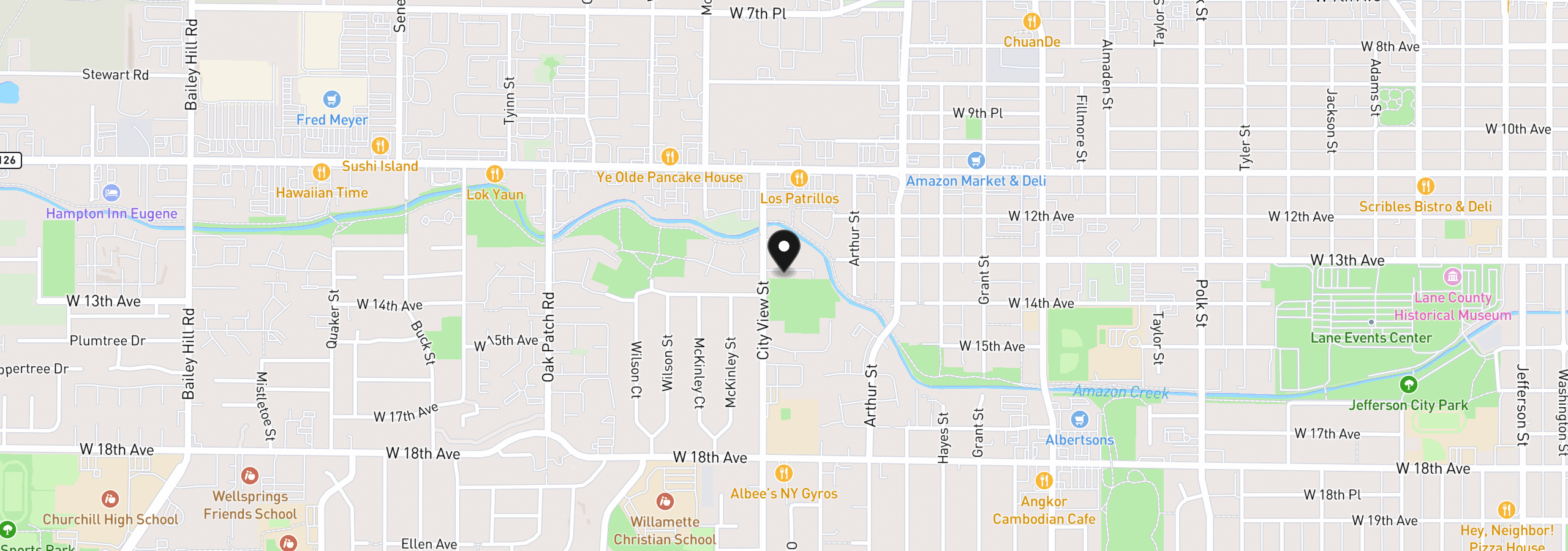 Map showing the location of 1359 City View St, Eugene, OR 97402