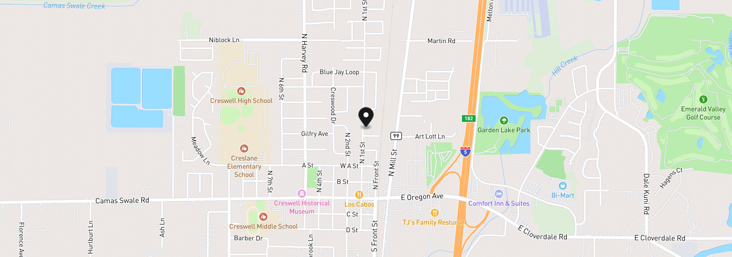 Map showing the location of 444 N 1st St, Creswell, OR 97426
