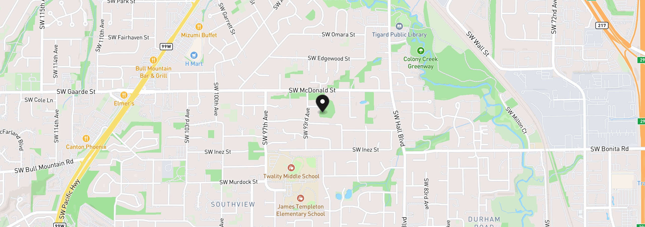 Map showing the location of 9200 SW Elrose Ct, Portland, OR 97224
