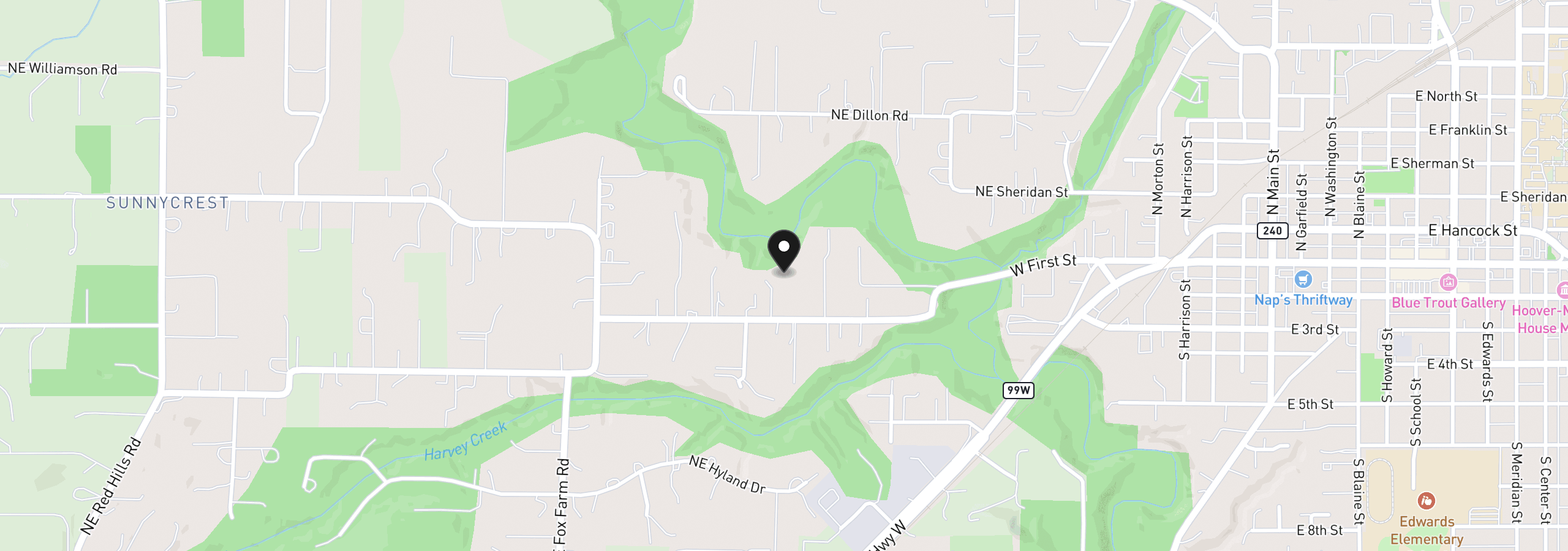 Map showing the location of 23501 NE Sunnycrest Rd, Newberg, OR 97132