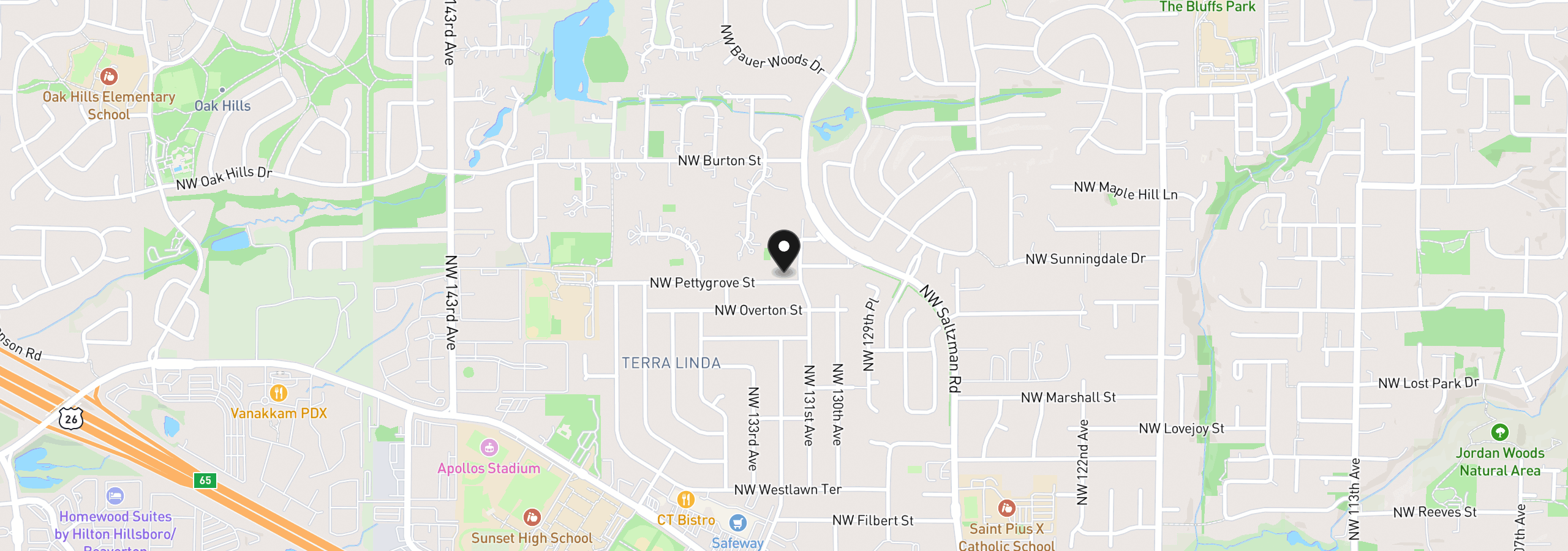 Map showing the location of 13185 NW Pettygrove St, Portland, OR 97229