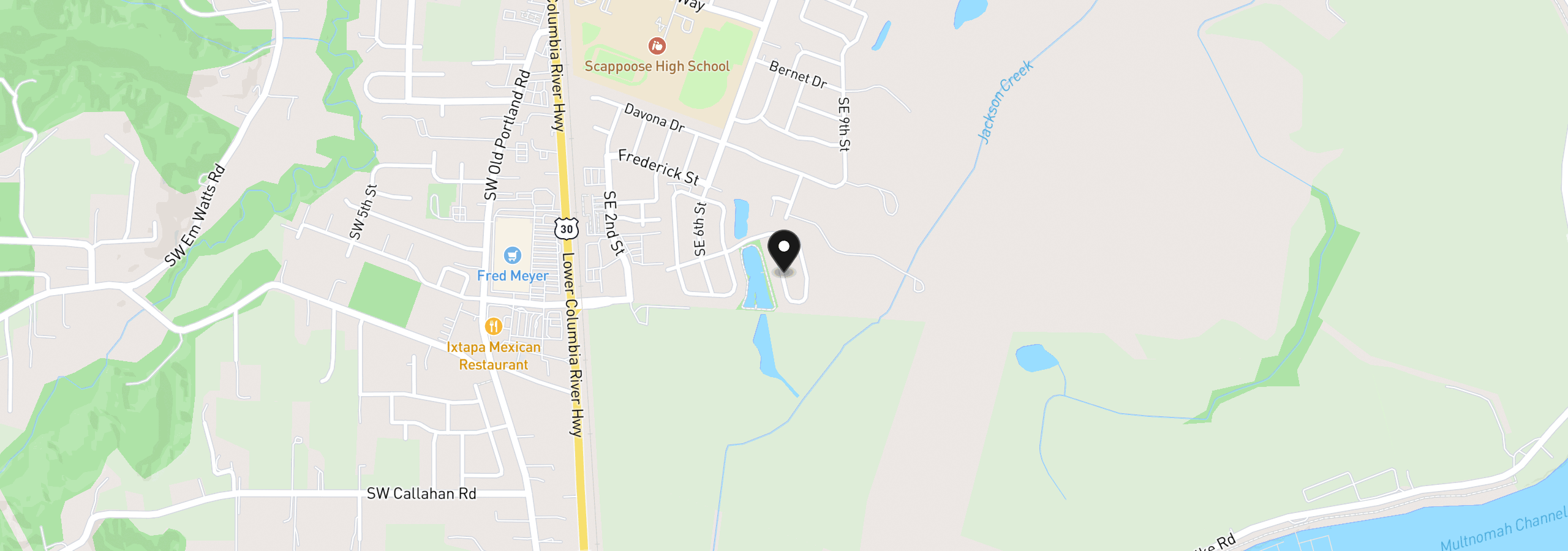 Map showing the location of 51408 SE Springlake Loop 142, Scappoose, OR 97056