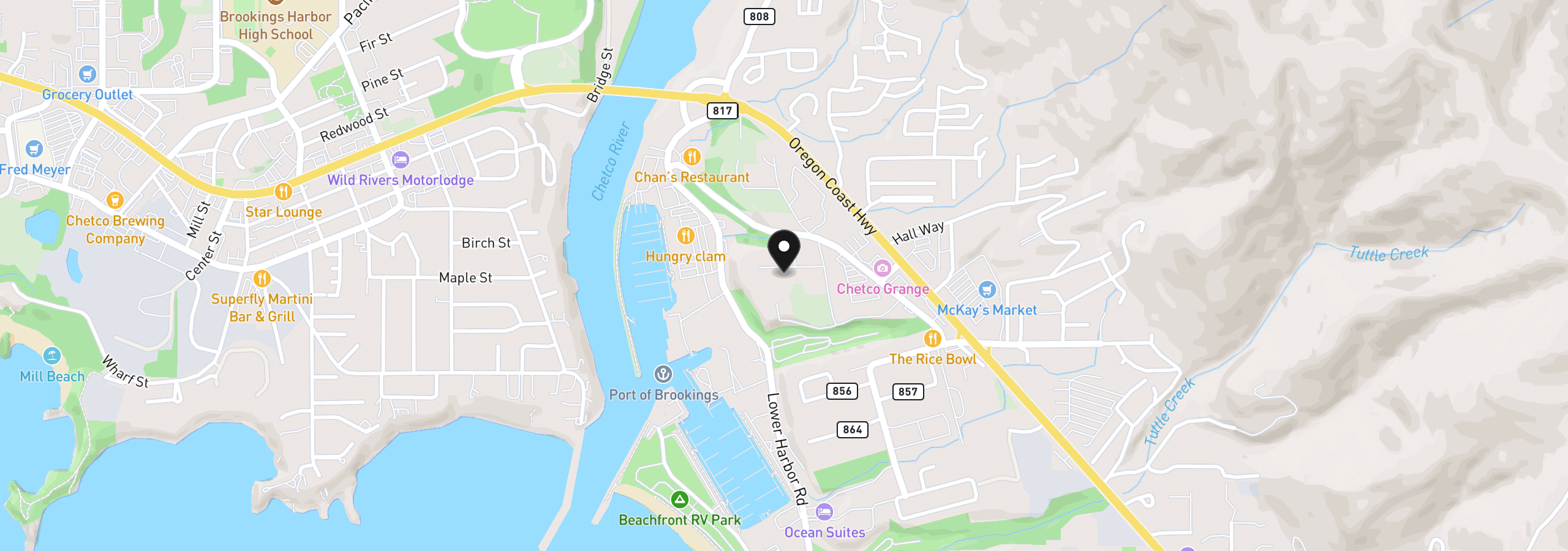 Map showing the location of 97818 Hanscam Ln, Brookings, OR 97415