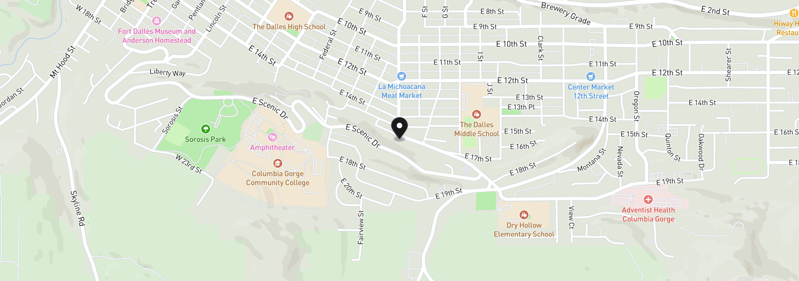Map showing the location of 1610 Kelly Ave, The Dalles, OR 97058