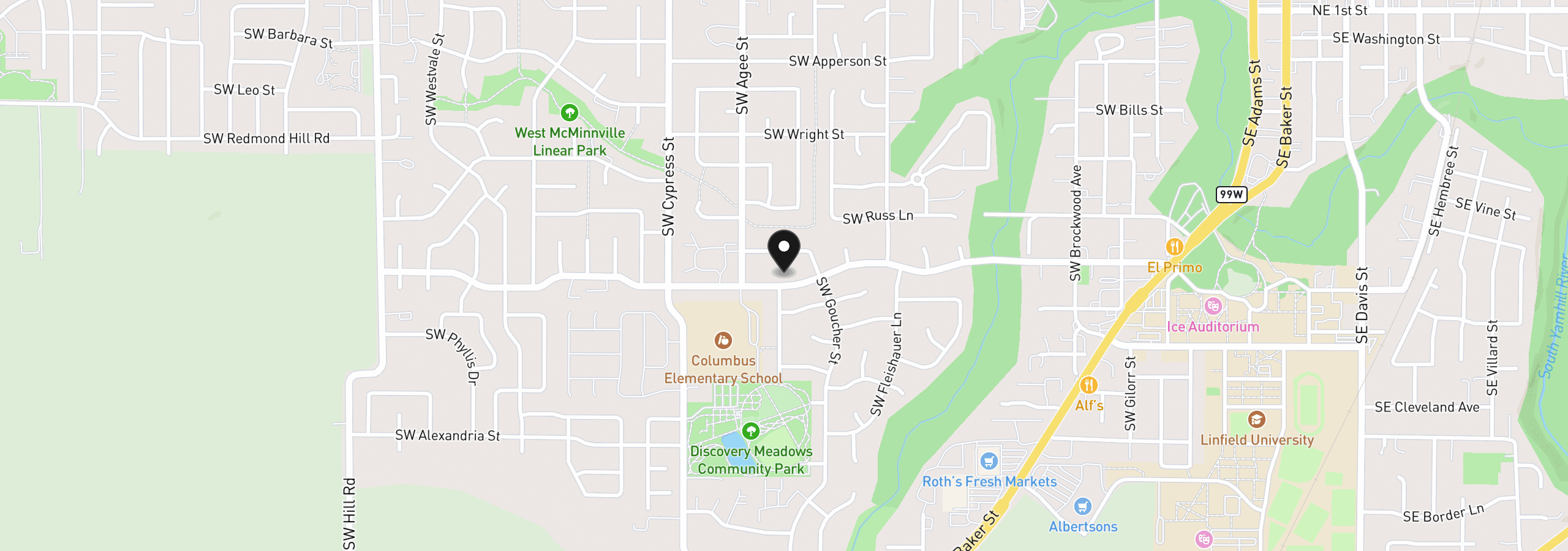 Map showing the location of 1549 SW Fellows St, McMinnville, OR 97128