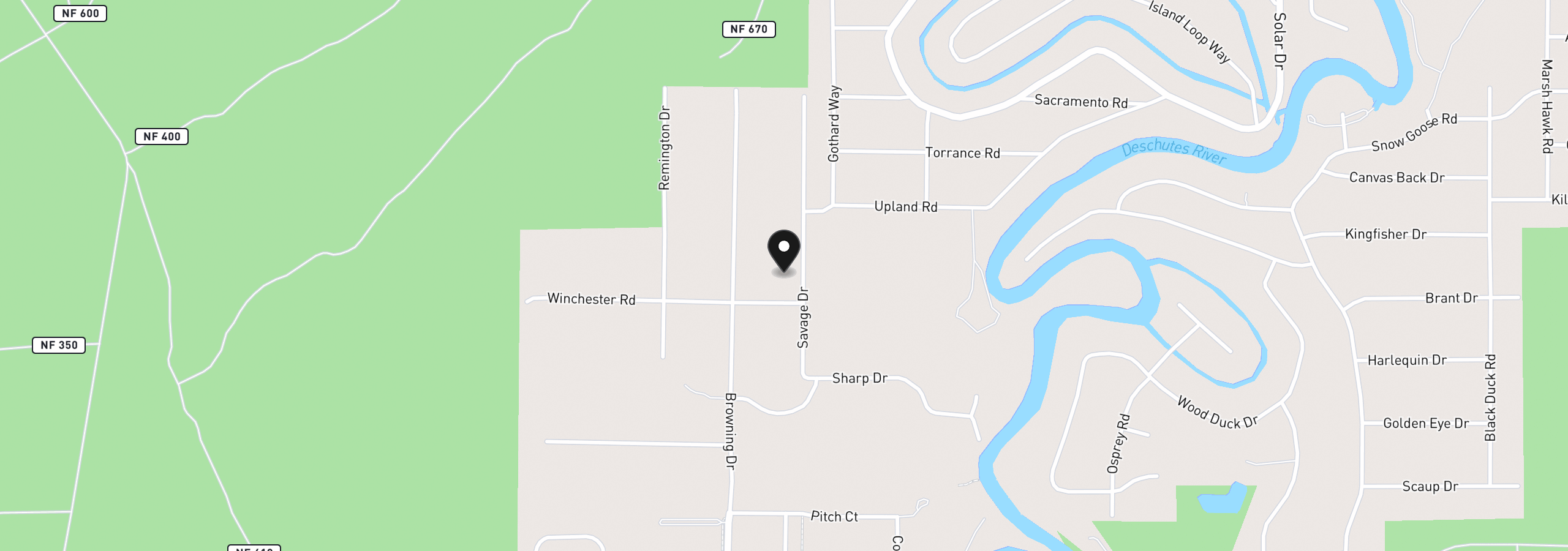 Map showing the location of 55975 Savage Dr, Bend, OR 97707