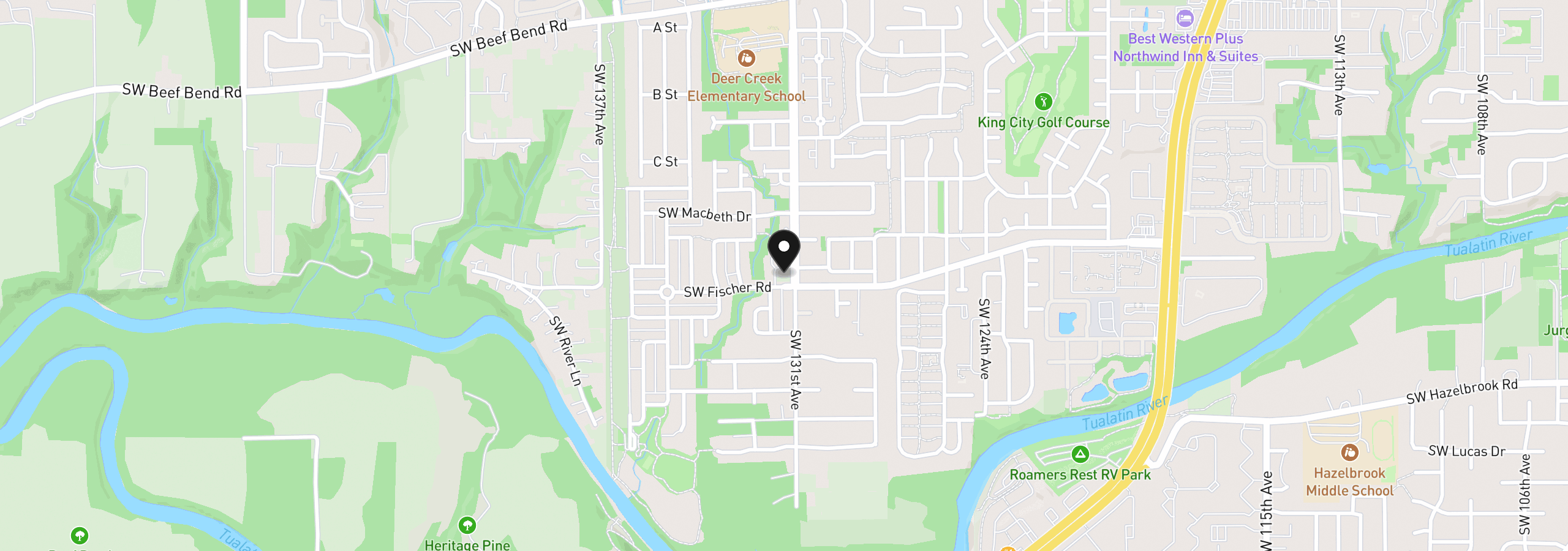 Map showing the location of 16948 SW 132nd Ter, King City, OR 97224