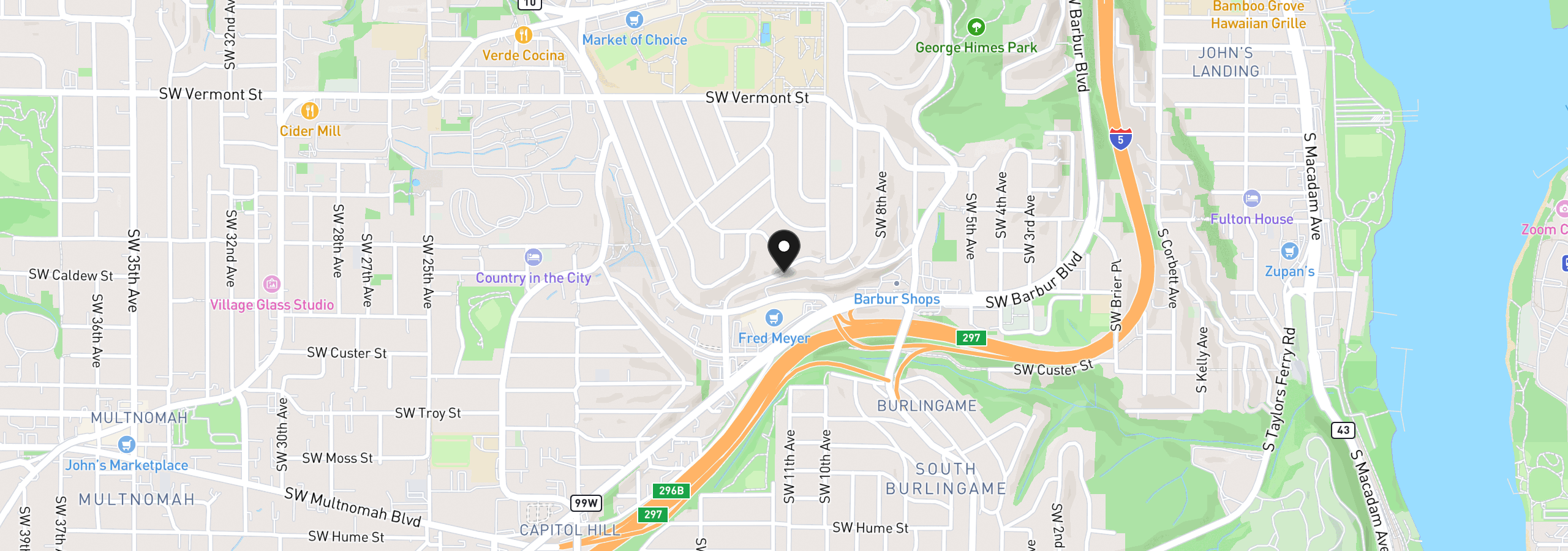 Map showing the location of 7290 SW 13th Dr, Portland, OR 97239