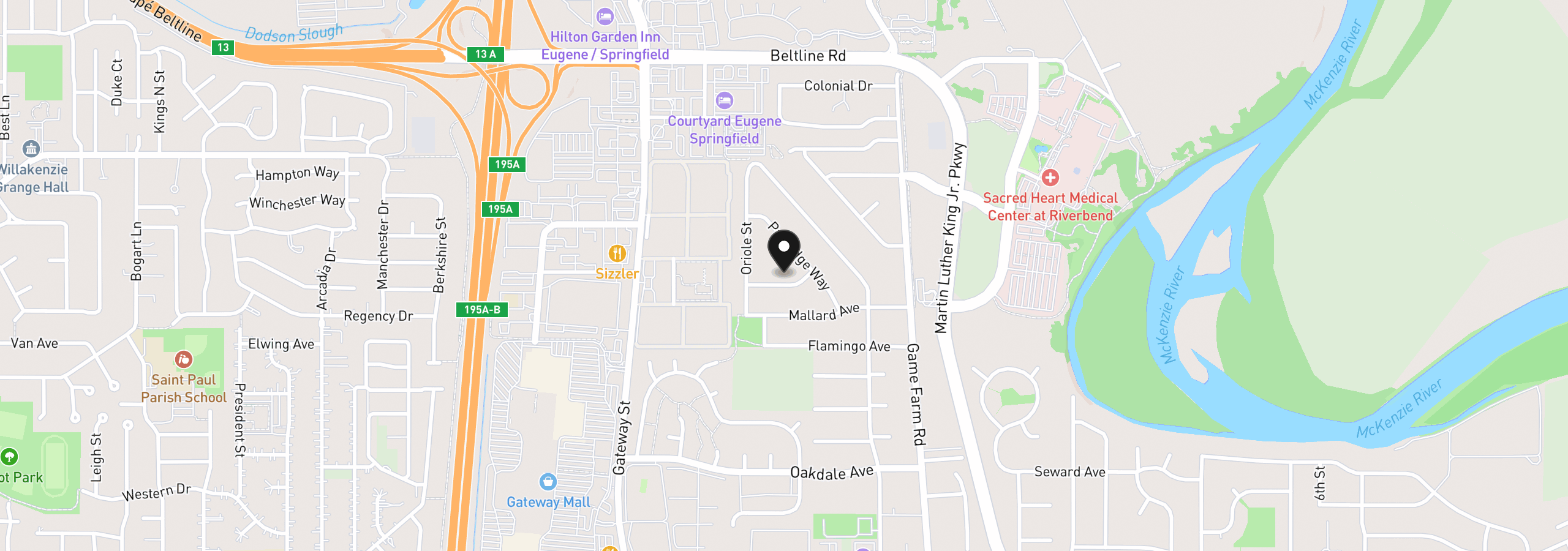 Map showing the location of 640 Tinamou Ln, Springfield, OR 97477