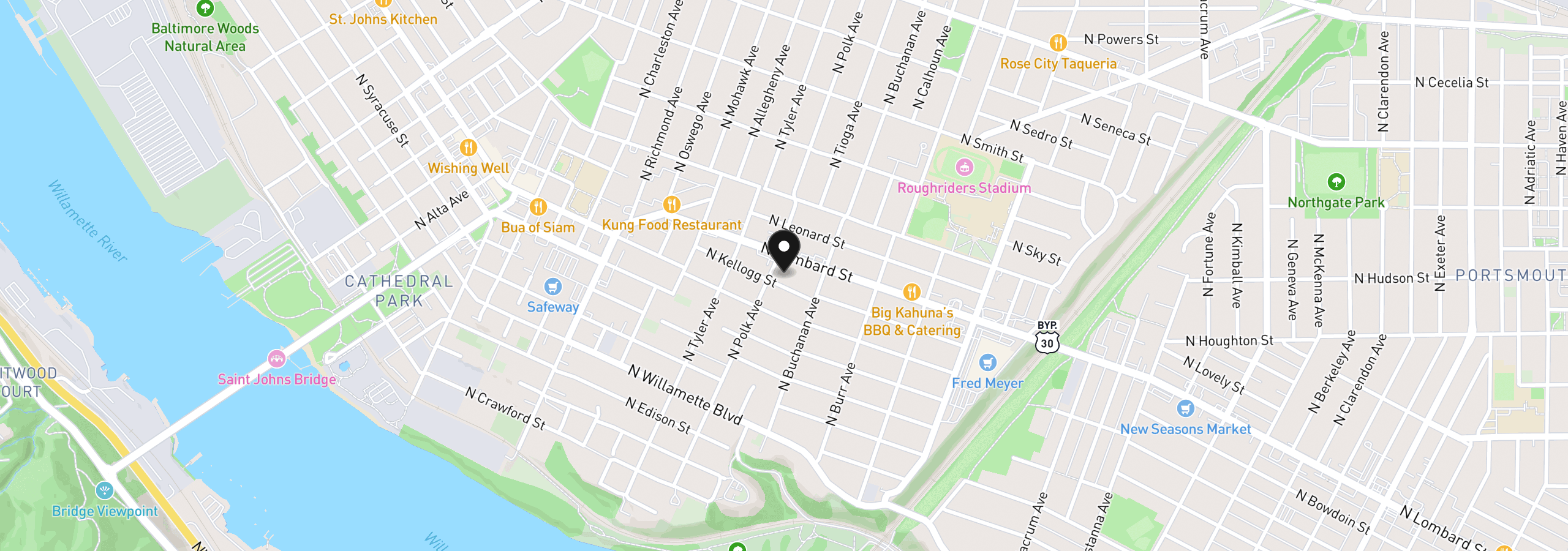 Map showing the location of 7472 N Polk Ave, Portland, OR 97203