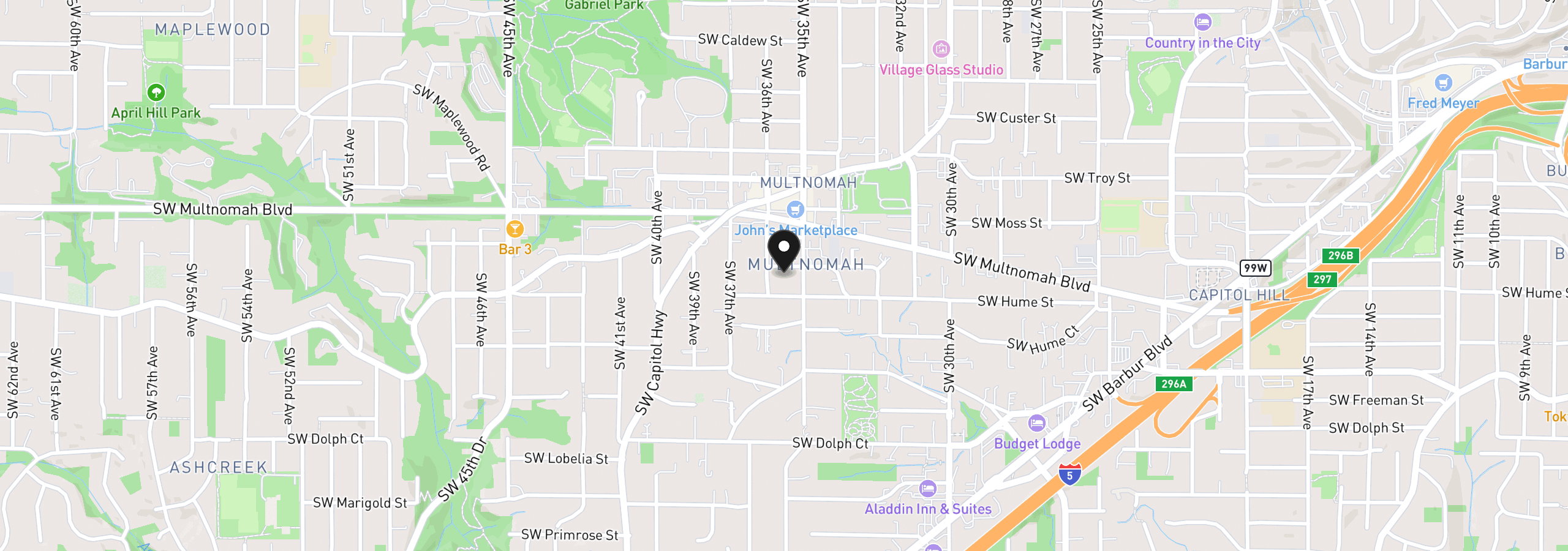 Map showing the location of 3530 SW Falcon St, Portland, OR 97219