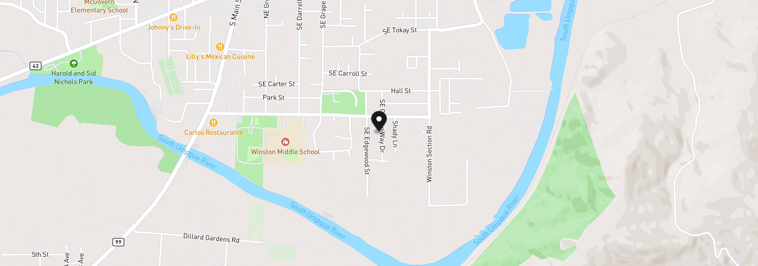 Map showing the location of 623 SE Garden Way Dr, Winston, OR 97496