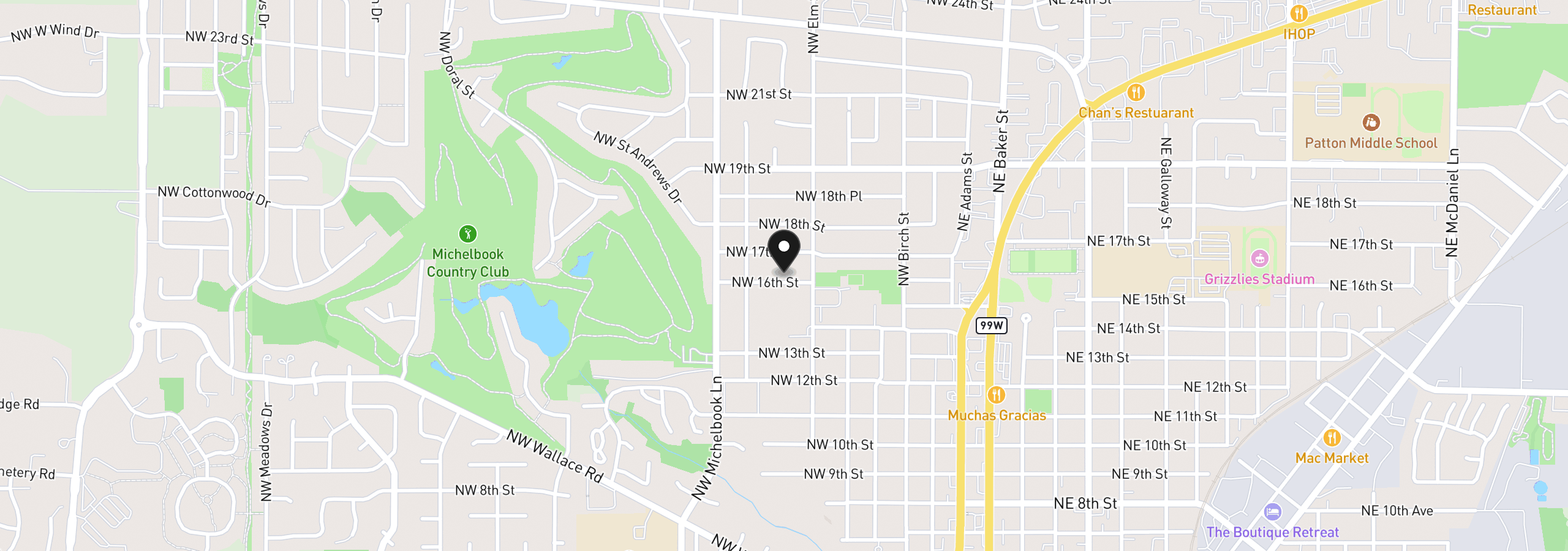 Map showing the location of 627 NW 16th St, McMinnville, OR 97128