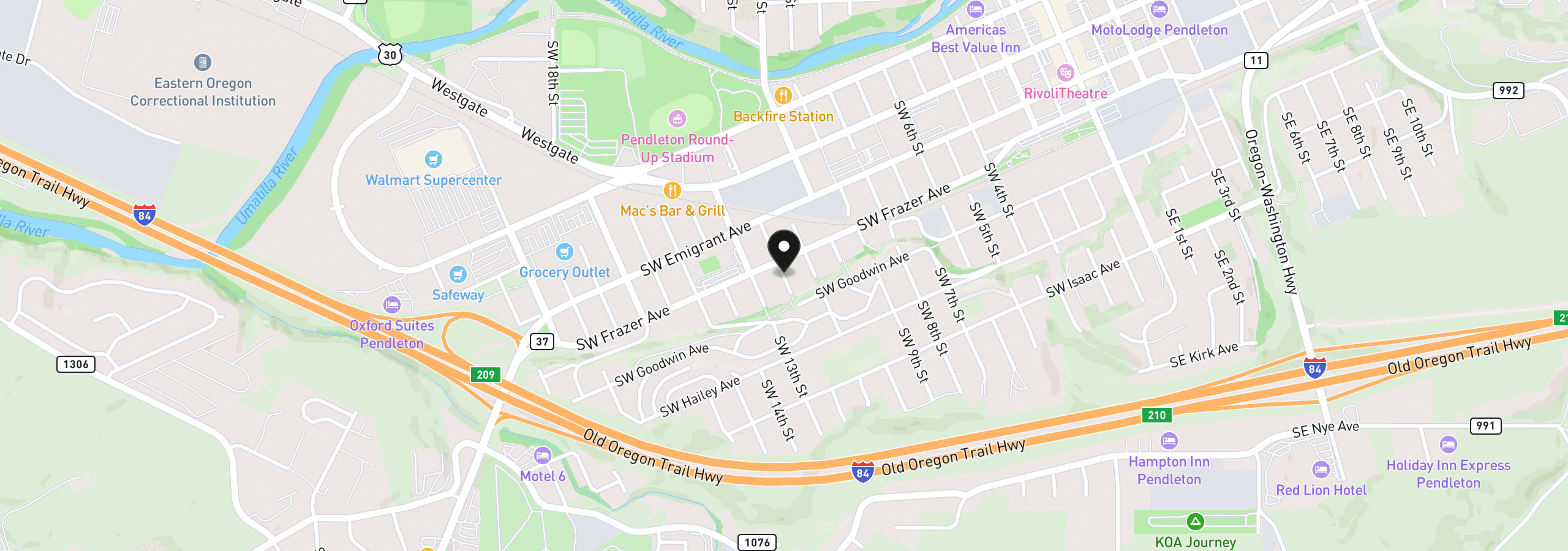 Map showing the location of 1270 SW 12th St, Pendleton, OR 97801